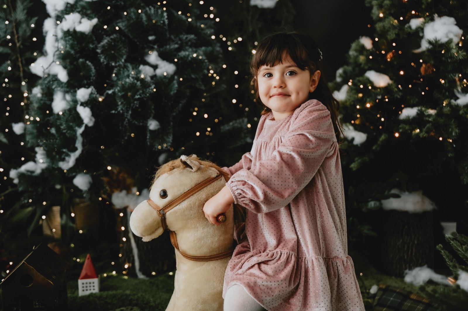 Bambina in abito rosa accanto a un cavallo a dondolo, fra gli abeti innevati