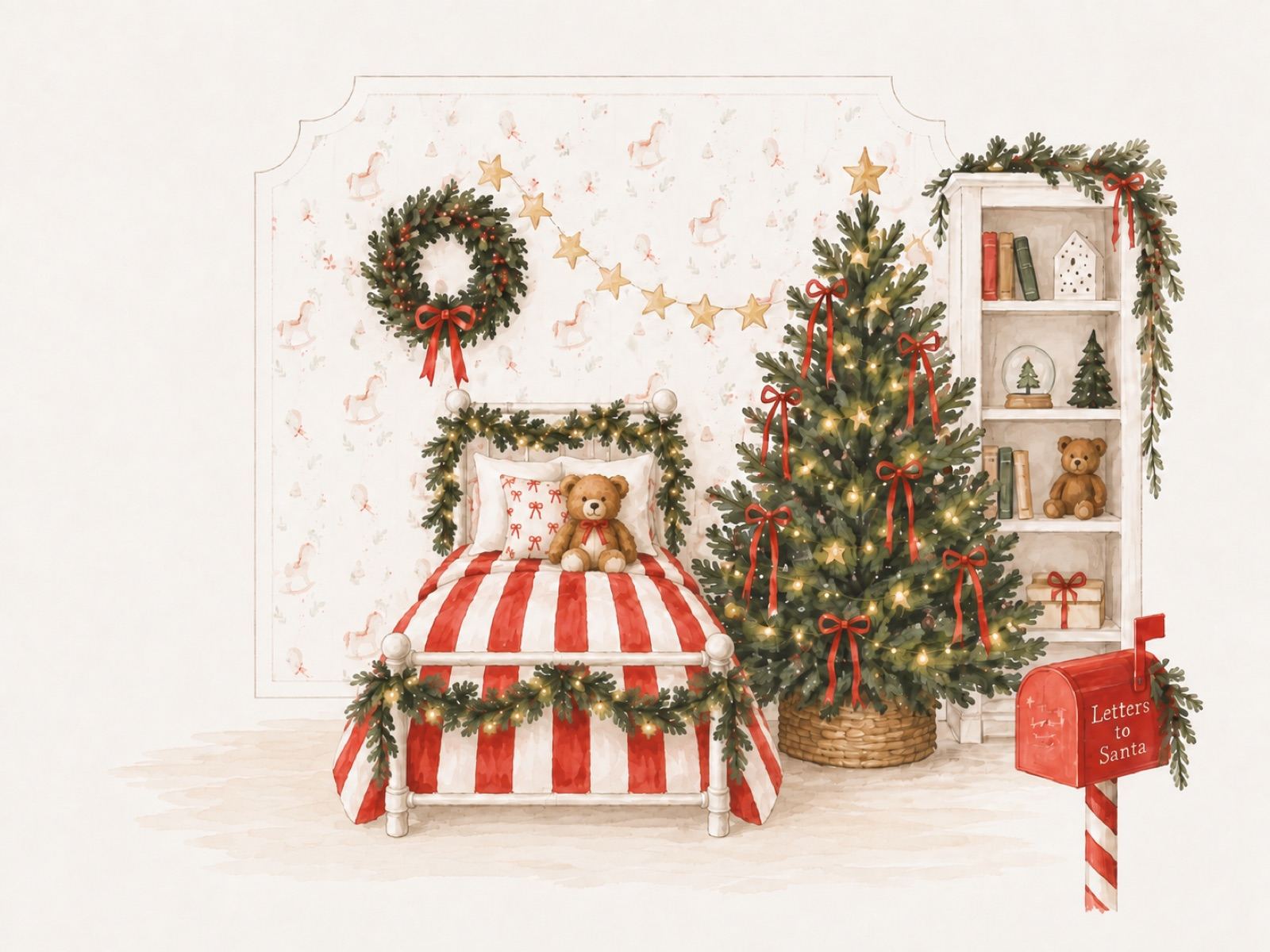 Il disegno della stanza di Natale 2026, con il letto a righe, la ghirlanda, la libreria e la cassetta delle lettere